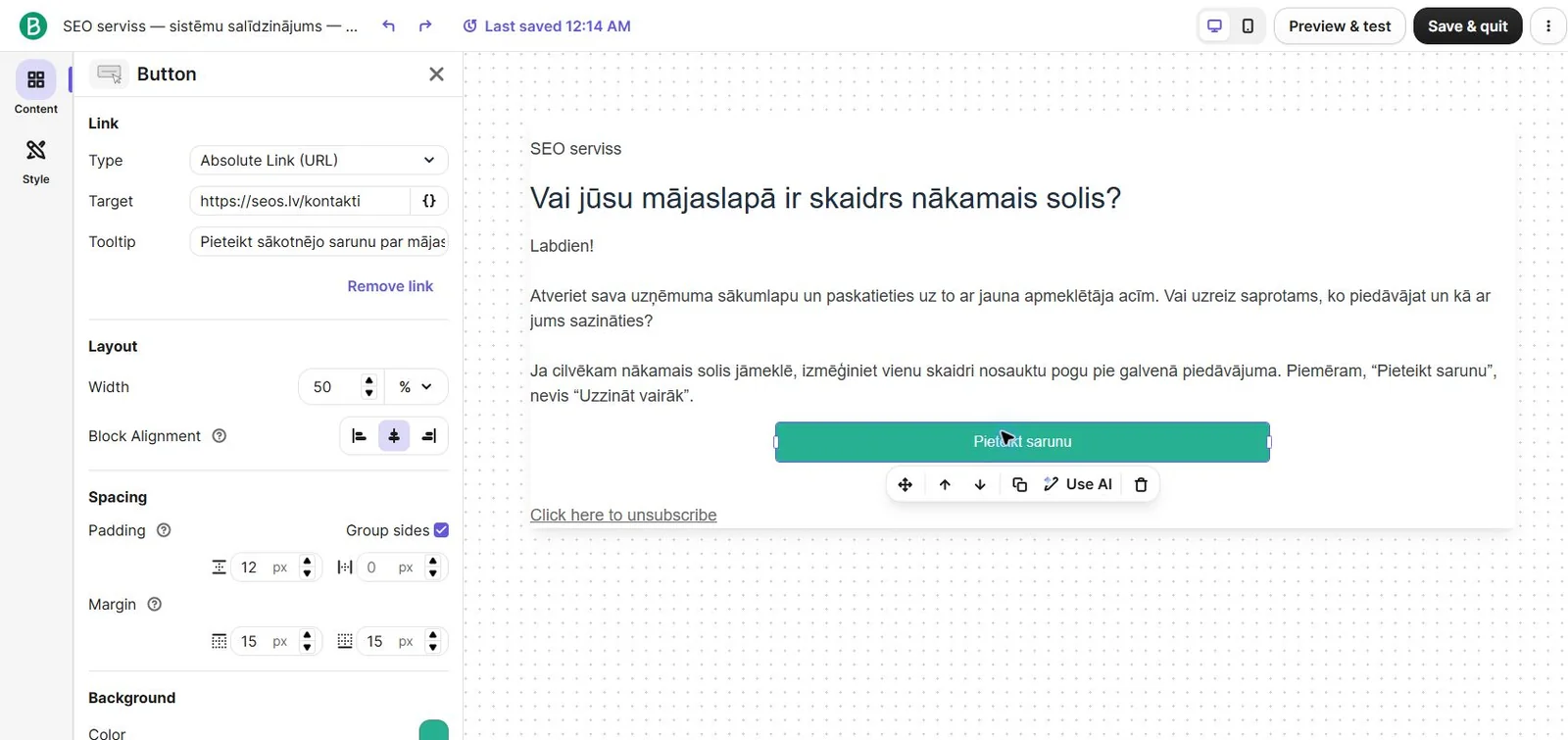 Brevo vēstuļu redaktors: jaunumu vēstule ar pogu un pogas saites iestatījumi