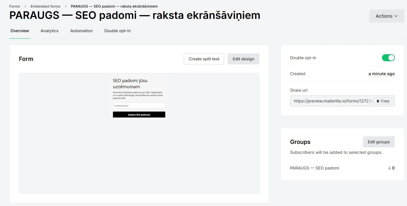 MailerLite formas iestatījumi ar ieslēgtu dubulto apstiprināšanu (double opt-in)