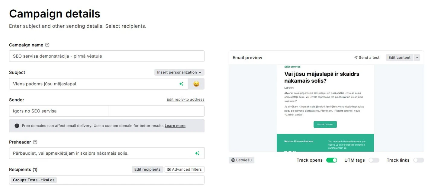 MailerLite Campaign details ar aizpildītu tematu, sūtītāju, priekštekstu un vienu saņēmēju