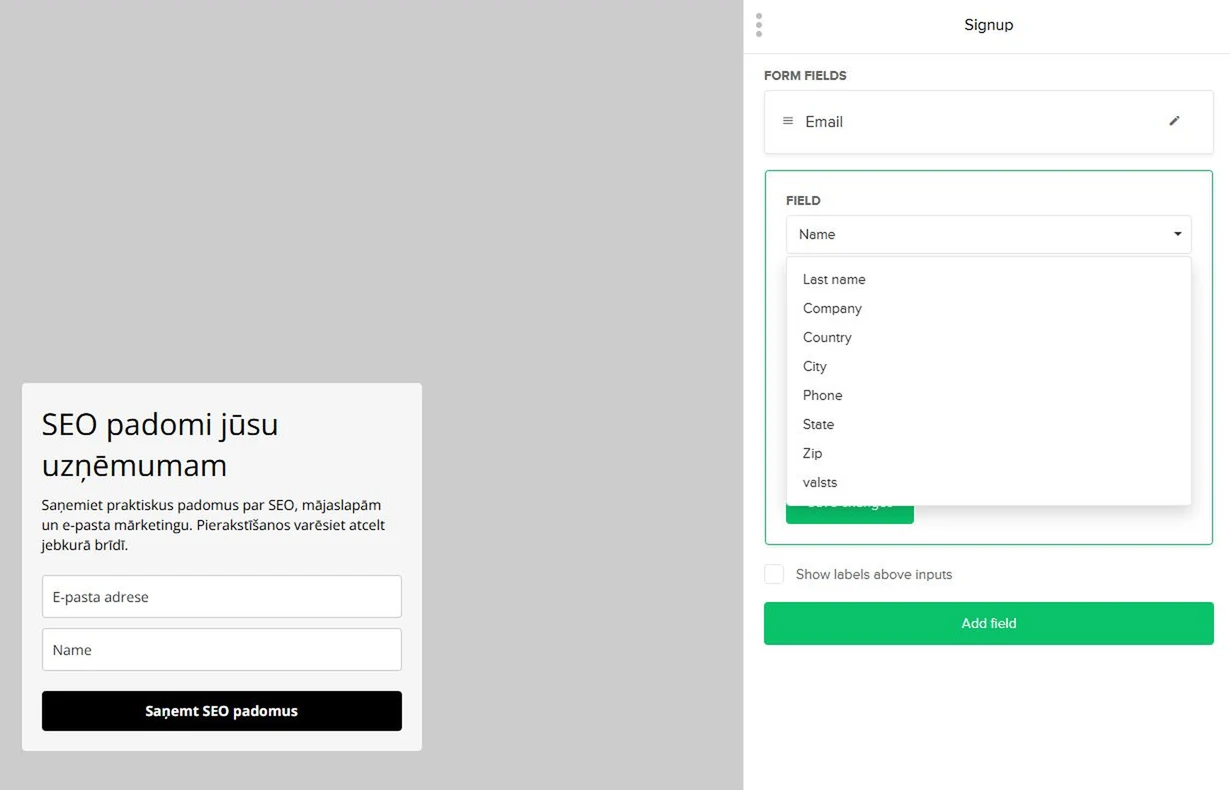 MailerLite formas redaktorā atvērta pievienojamā abonenta lauka izvēlne