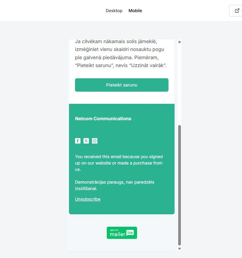 MailerLite jaunumu vēstules mobilais priekšskatījums ar pogu un atteikšanās saiti kājenē