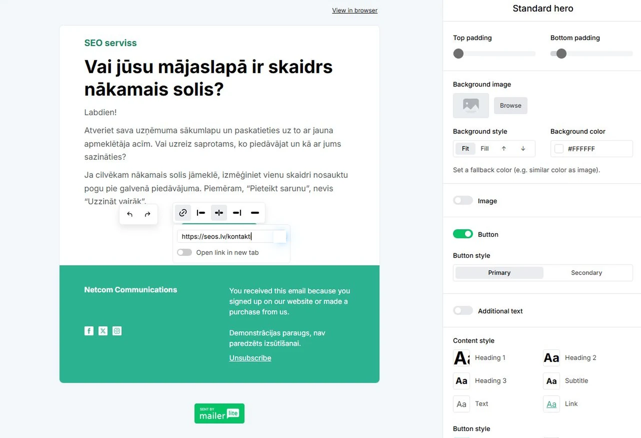 Jaunumu vēstules salikšana MailerLite redaktorā un pogas saites iestatīšana