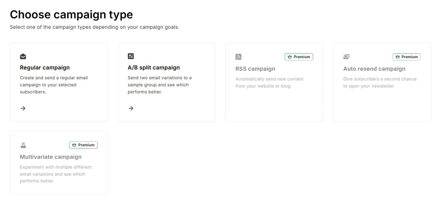MailerLite kampaņu veidu izvēle ar Regular campaign