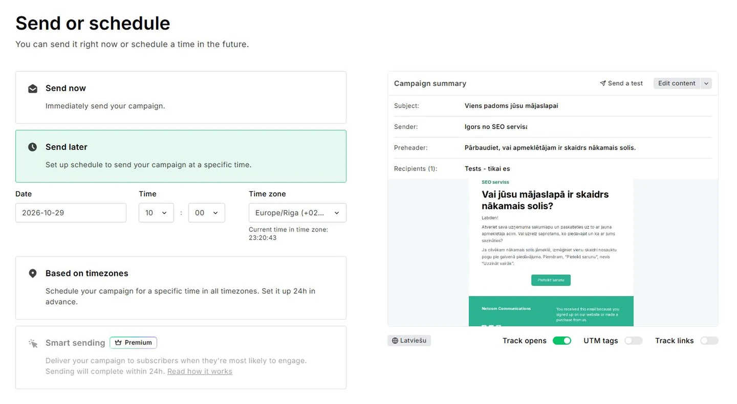 MailerLite Send later ar datumu, laiku un Europe/Riga laika joslu
