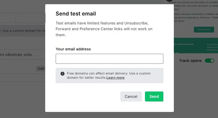 MailerLite testa vēstules sūtīšanas logs