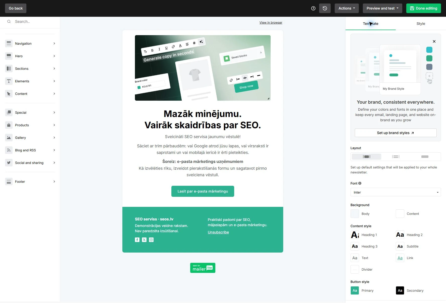 MailerLite vēstuļu redaktors ar latvisku jaunumu vēstules paraugu
