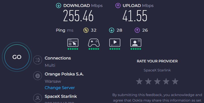 Speedtest: 255.46 Mbps lejup, 41.55 Mbps augšup, ping 32 ms (SpaceX Starlink)