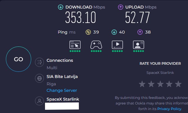 Speedtest: 353.10 Mbps lejup, 52.77 Mbps augšup, ping 39 ms (SpaceX Starlink)