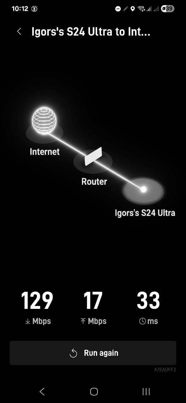 Starlink iekšējais tests: 129 Mbps lejup, 17 Mbps augšup, ping 33 ms
