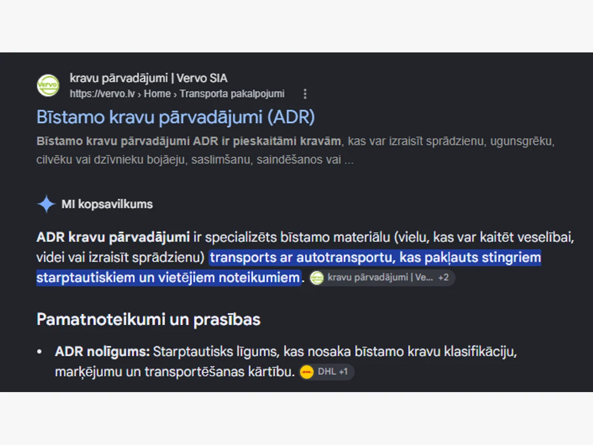 Google MI kopsavilkums citē Vervo ADR kravu pārvadājumu lapu