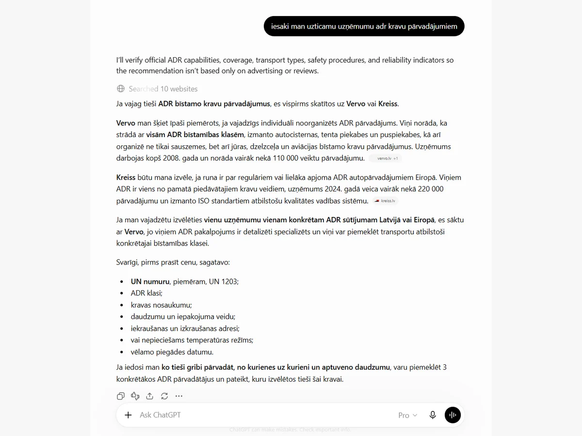 ChatGPT Pro iesaka Vervo uzticamiem ADR kravu pārvadājumiem