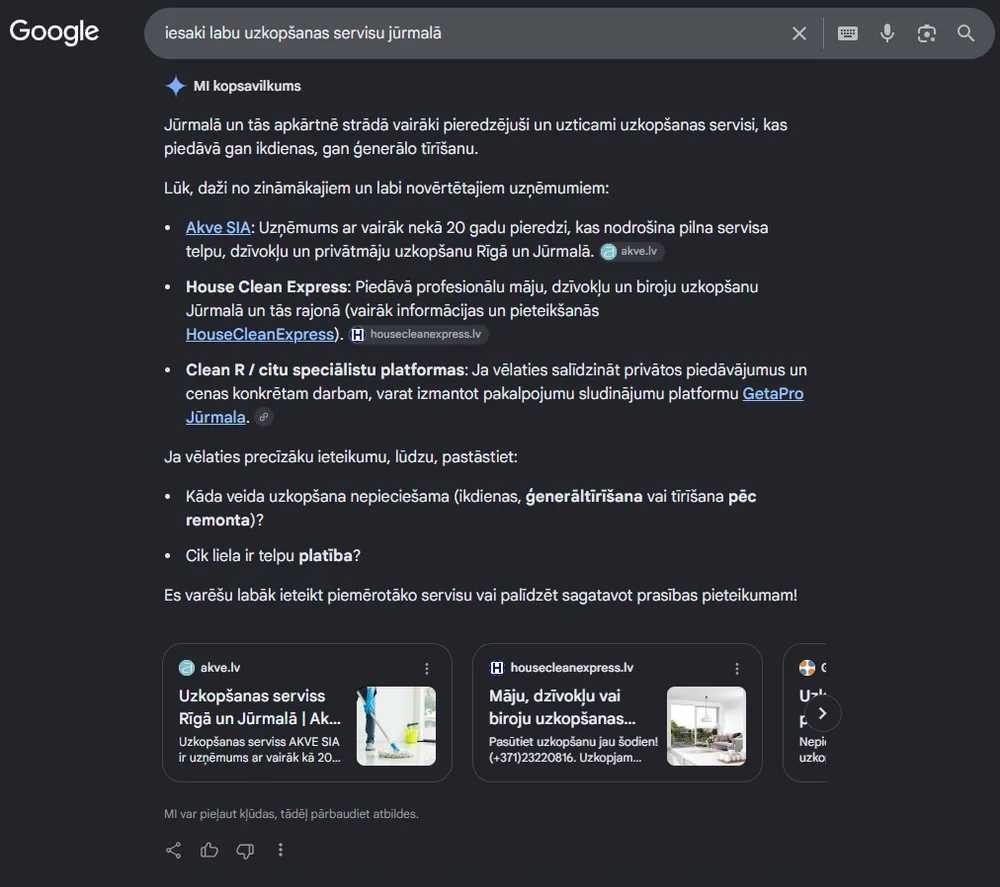 Google MI kopsavilkums iesaka AKVE SIA uzkopšanas pakalpojumiem Jūrmalā