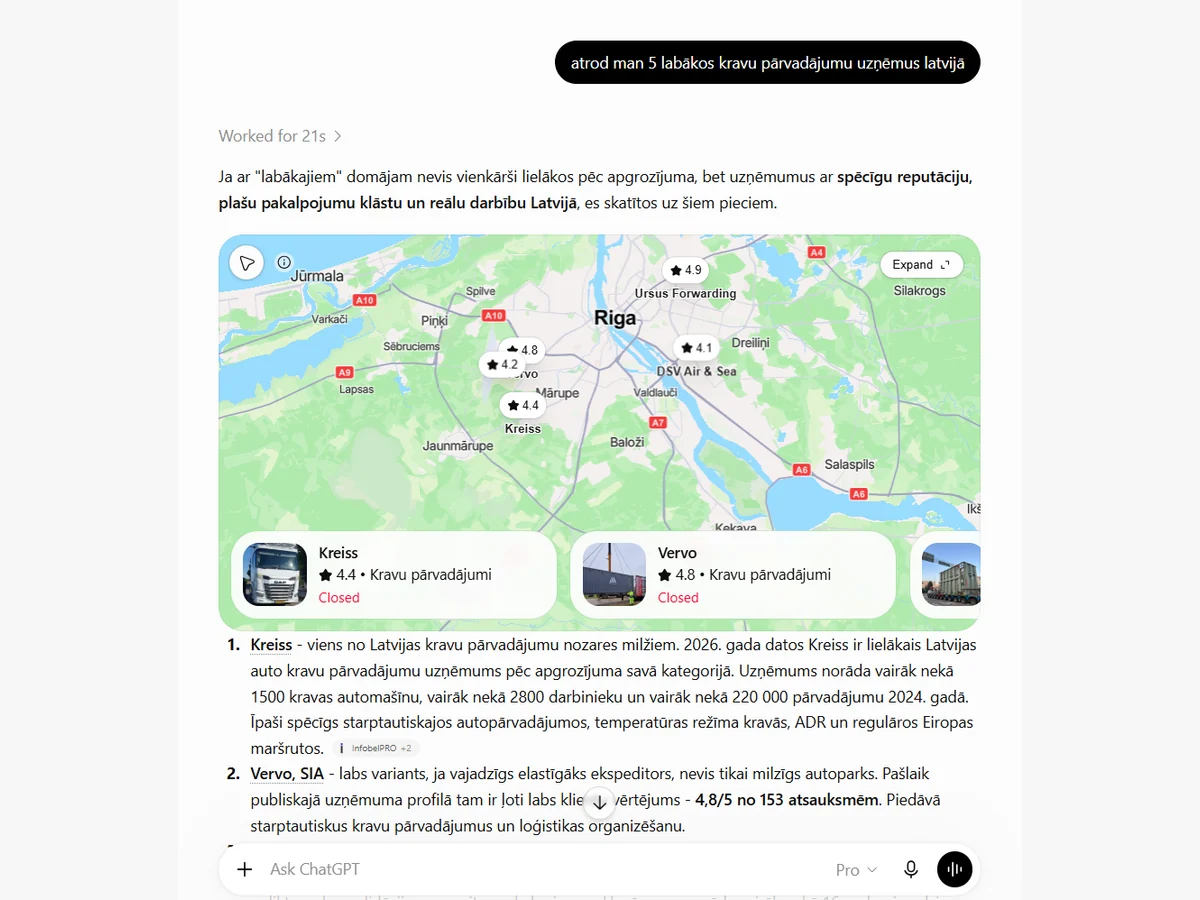 ChatGPT Pro iekļauj Vervo starp ieteiktajiem kravu pārvadājumu uzņēmumiem Latvijā