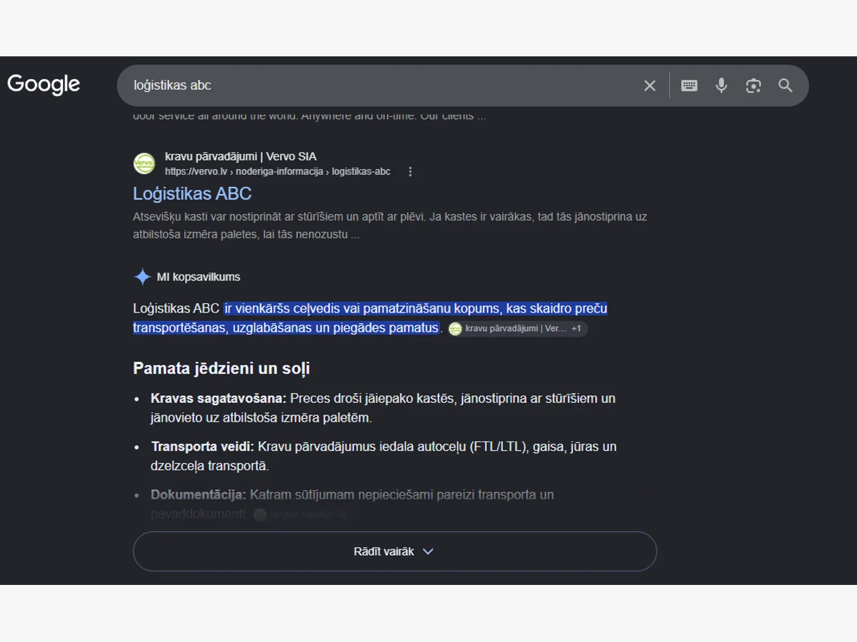 Google MI kopsavilkums izmanto Vervo Loģistikas ABC kā avotu