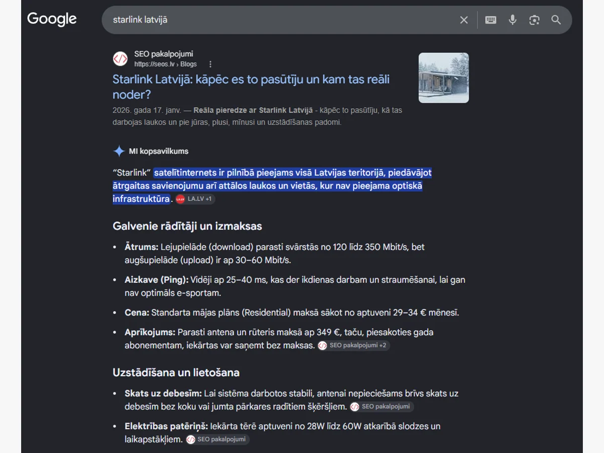 Google MI kopsavilkums izmanto seos.lv Starlink pieredzes rakstu