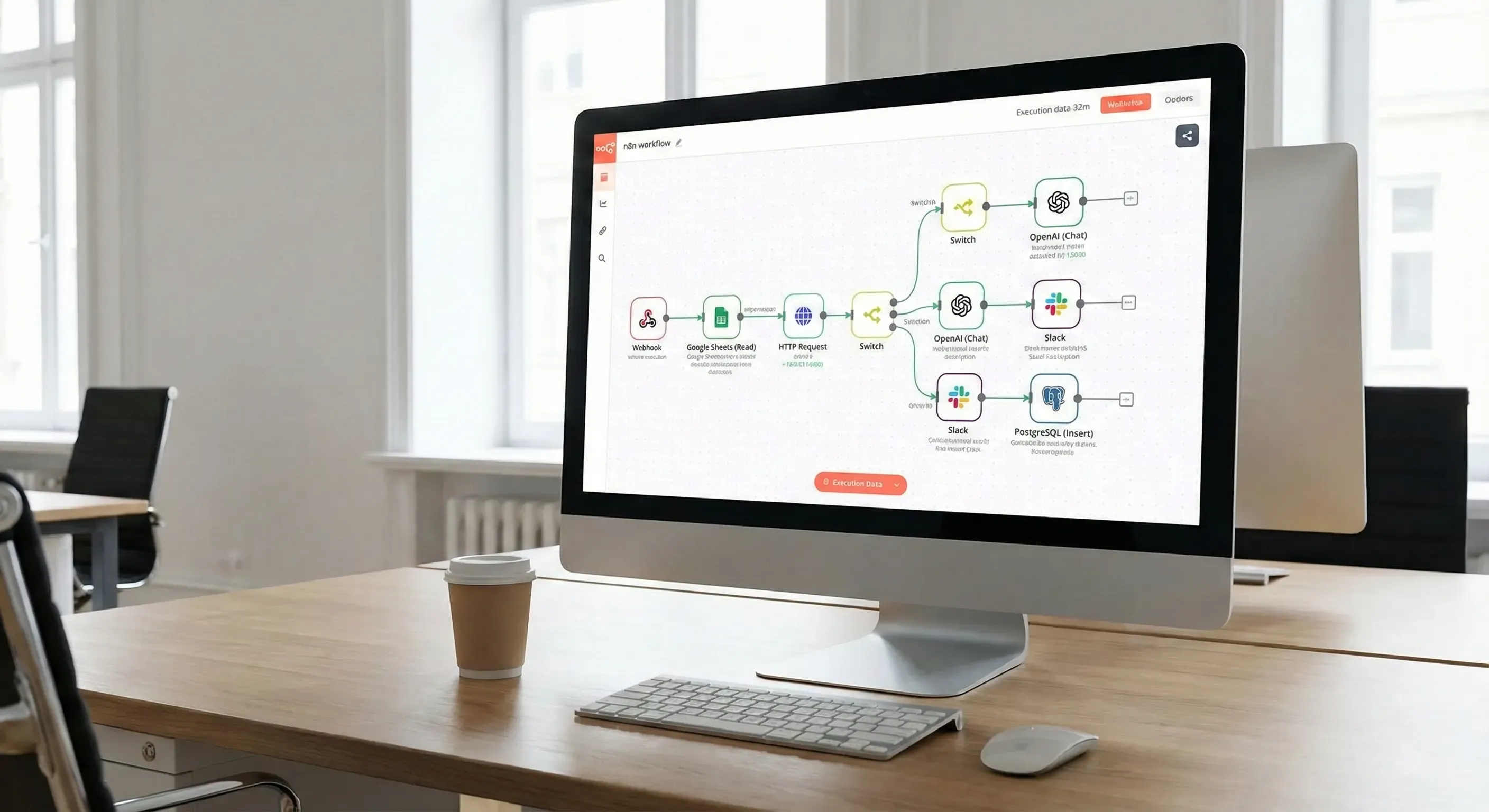 n8n SEO automatizācijas plūsma saišu monitorēšanai ar Webhook, IF, Switch un AI aģenta mezgliem, kas datus saglabā Excel tabulā