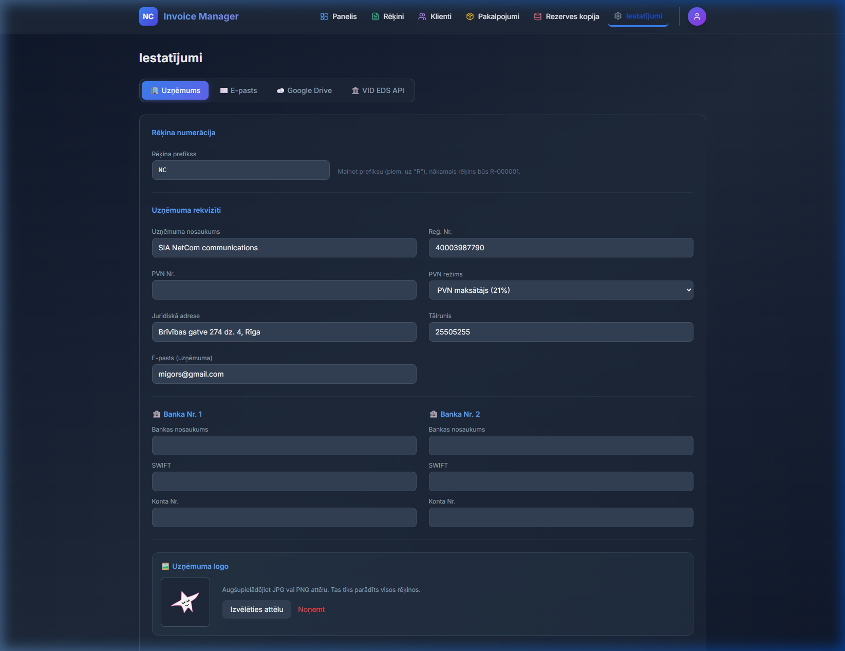 rēķinu pārvaldnieka iestatījumu sadaļa