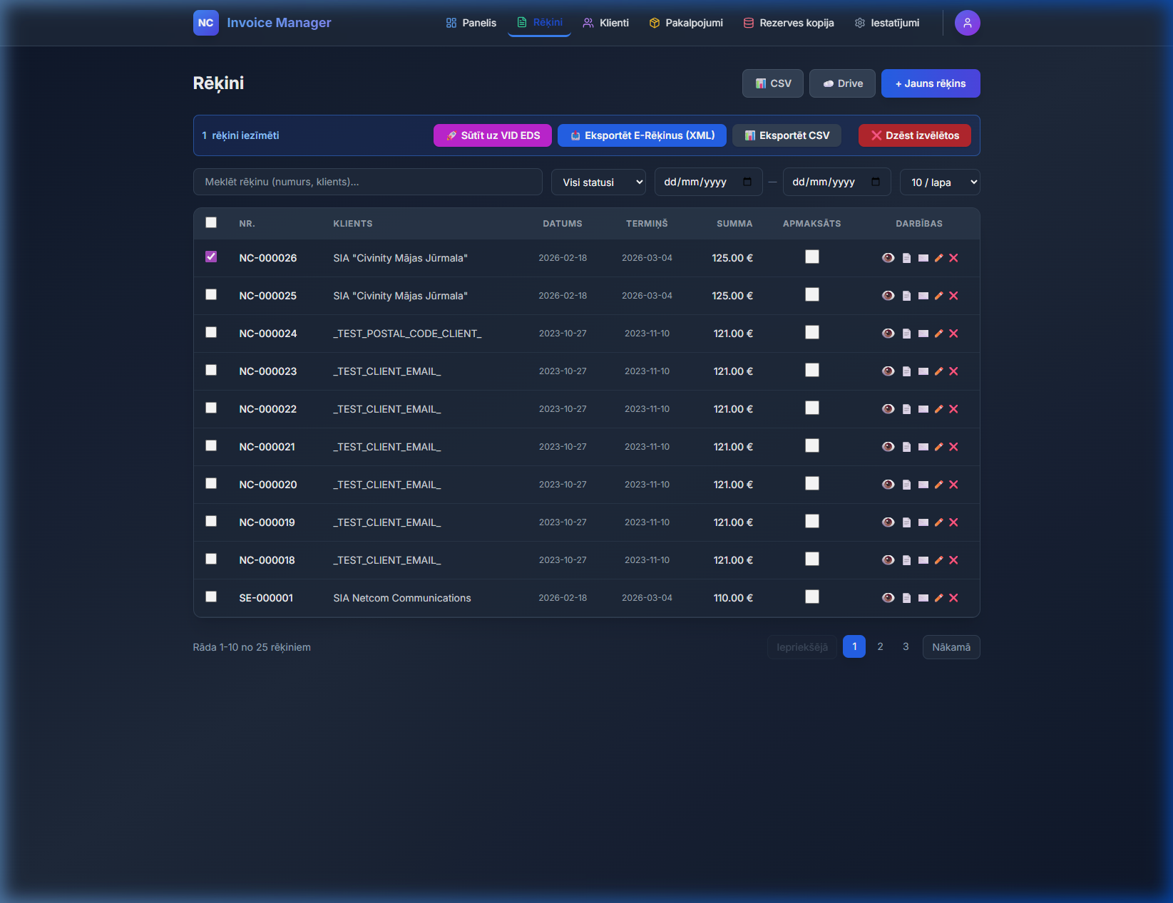 Rēķinu pārvaldnieka - rēķinu saraksts