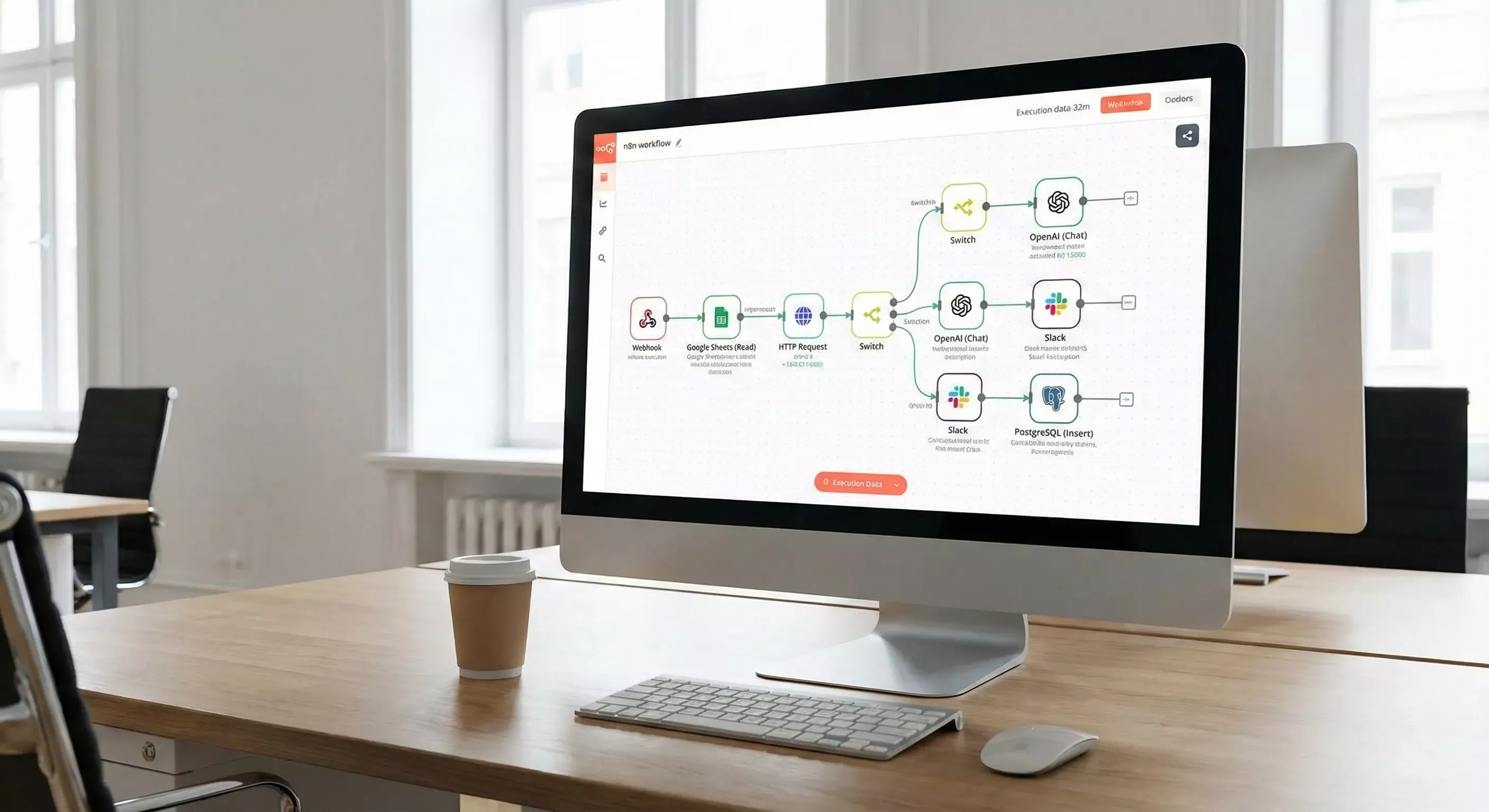 n8n SEO automatizācijas plūsma saišu monitorēšanai ar Webhook, IF, Switch un AI aģenta mezgliem, kas datus saglabā Excel tabulā